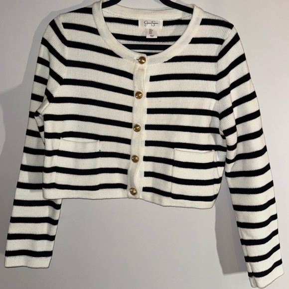 Jessica Simpson Sweaters - Jessica Simpson Black and White Striped Cardigan with Gold Accent